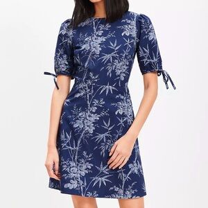 Loft Navy Blue Floral Bamboo Print Puff Sleeve Cutout Back Mini Dress Size 10